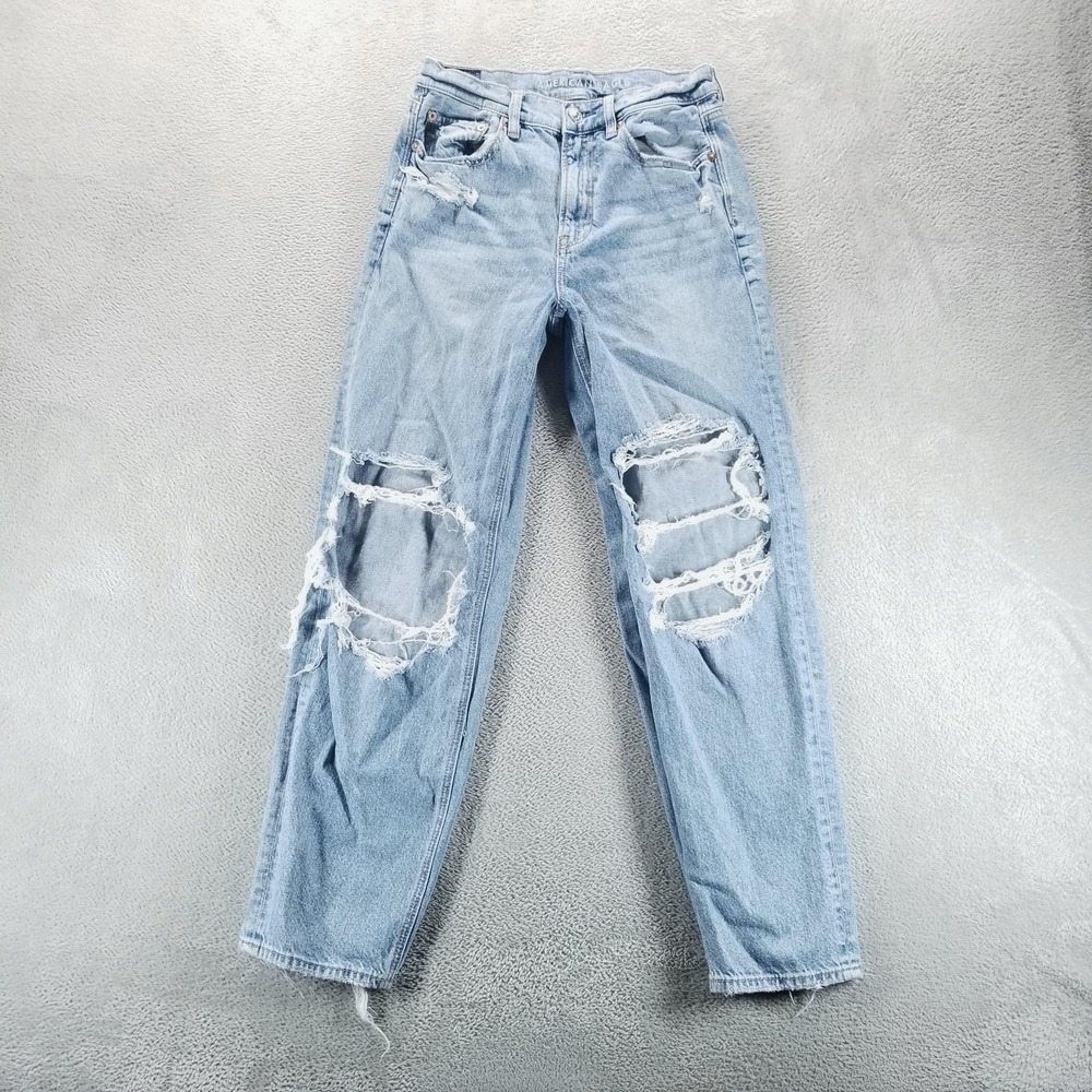 American Eagle Jeans Womens 4 Blue Super High Rise Baggy Straight Distressed